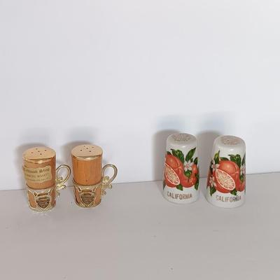 Vintage Salt & Pepper shakers from California - wooden with gold-colored holders and Oranges