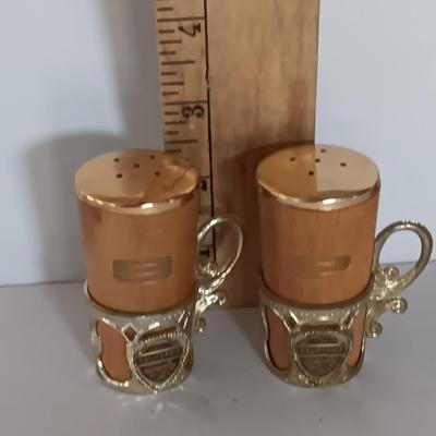 Vintage Salt & Pepper shakers from California - wooden with gold-colored holders and Oranges