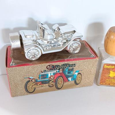 Avon Stanley Steamer car bottle with box and Englich leather lotion bottle