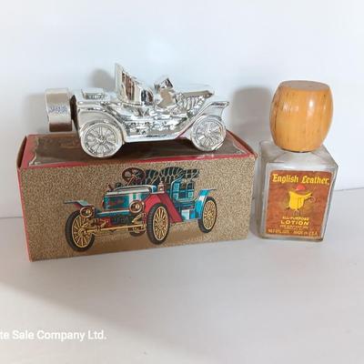 Avon Stanley Steamer car bottle with box and Englich leather lotion bottle