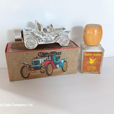 Avon Stanley Steamer car bottle with box and Englich leather lotion bottle