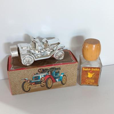 Avon Stanley Steamer car bottle with box and Englich leather lotion bottle