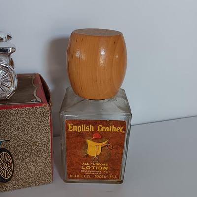 Avon Stanley Steamer car bottle with box and Englich leather lotion bottle