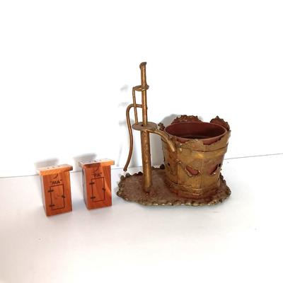 Ma & Pa outhouse salt & pepper shakers with tin art water pump planter