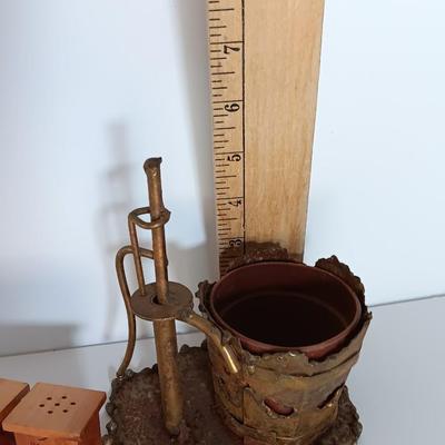 Ma & Pa outhouse salt & pepper shakers with tin art water pump planter