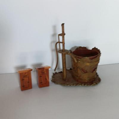 Ma & Pa outhouse salt & pepper shakers with tin art water pump planter