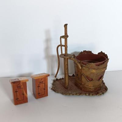 Ma & Pa outhouse salt & pepper shakers with tin art water pump planter