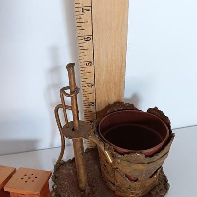 Ma & Pa outhouse salt & pepper shakers with tin art water pump planter