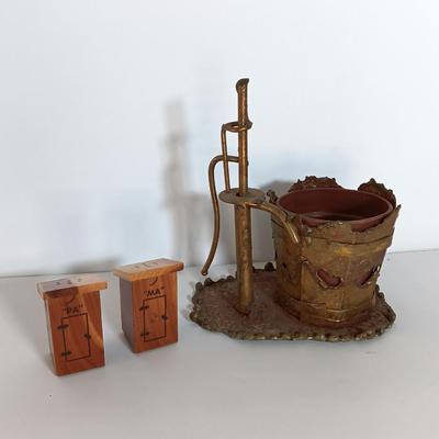Ma & Pa outhouse salt & pepper shakers with tin art water pump planter