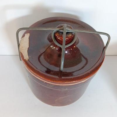 Three Vintage stoneware crocks with Bail handles - cheese crock