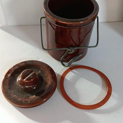 Three Vintage stoneware crocks with Bail handles - cheese crock