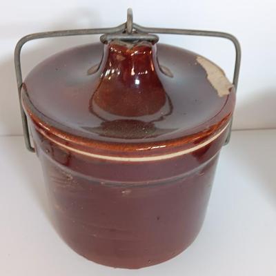 Three Vintage stoneware crocks with Bail handles - cheese crock