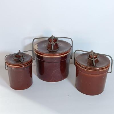 Three Vintage stoneware crocks with Bail handles - cheese crock