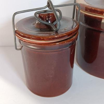 Three Vintage stoneware crocks with Bail handles - cheese crock
