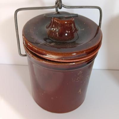 Three Vintage stoneware crocks with Bail handles - cheese crock
