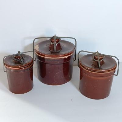 Three Vintage stoneware crocks with Bail handles - cheese crock