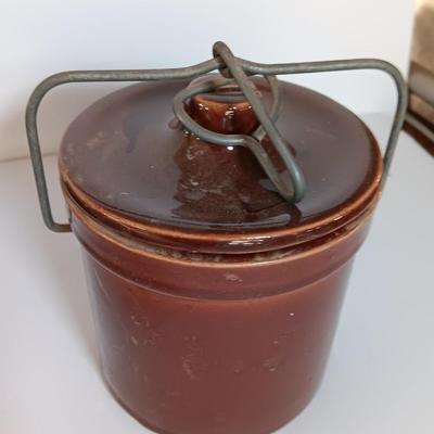 Three Vintage stoneware crocks with Bail handles - cheese crock