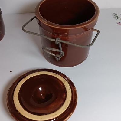 Three Vintage stoneware crocks with Bail handles - cheese crock