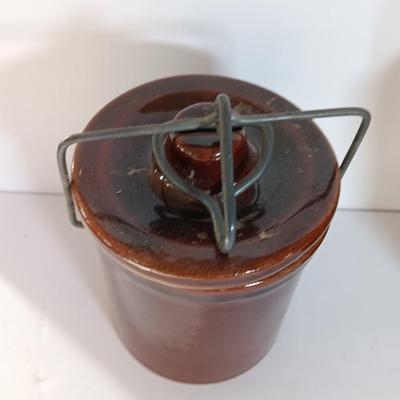 Three Vintage stoneware crocks with Bail handles - cheese crock