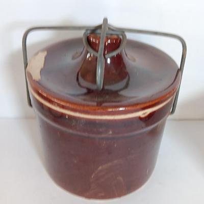 Three Vintage stoneware crocks with Bail handles - cheese crock
