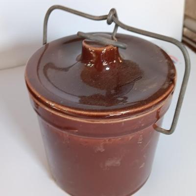 Three Vintage stoneware crocks with Bail handles - cheese crock