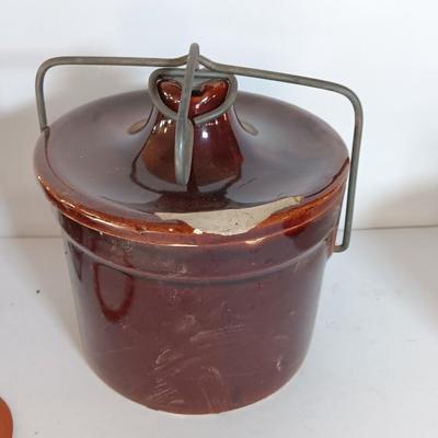 Three Vintage stoneware crocks with Bail handles - cheese crock
