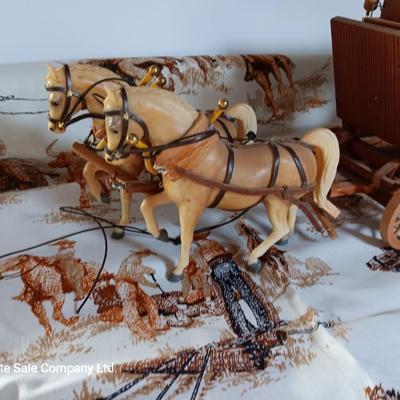 Vintage wooden covered wagon with horse team and wild west cowboy fabric