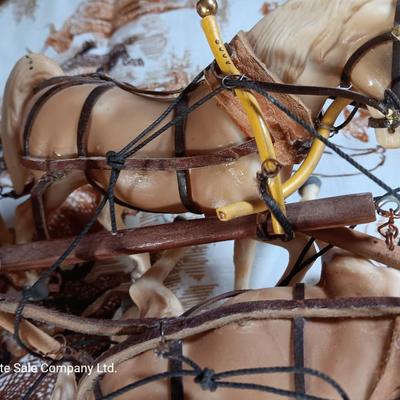 Vintage wooden covered wagon with horse team and wild west cowboy fabric