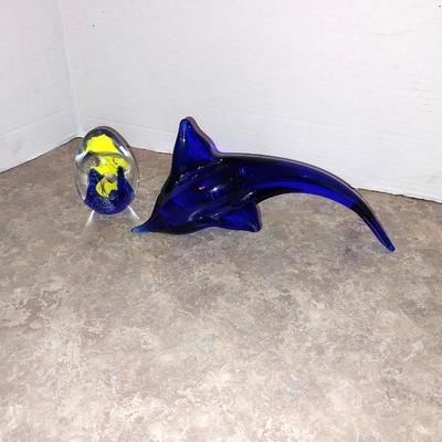 GORGOUS SOLID BLUE GLASS DOLPHINE AND PAPERWEIGHT