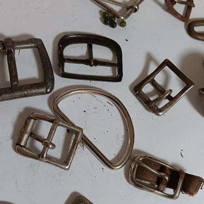 vintage belt buckles silver plate /silver front giant grip - beads - and assortment of other buckles