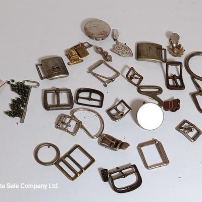 vintage belt buckles silver plate /silver front giant grip - beads - and assortment of other buckles