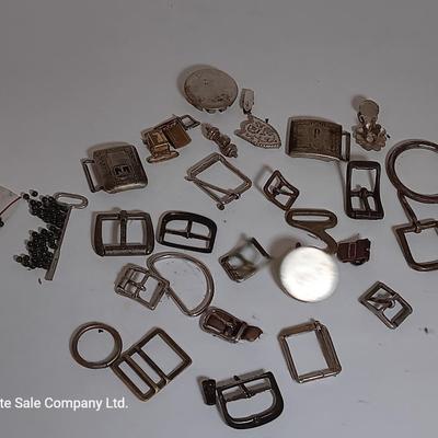 vintage belt buckles silver plate /silver front giant grip - beads - and assortment of other buckles