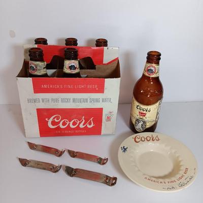 Vintage COORS lot - old 6 pack of glass bottles, ashtray, and bottle openers