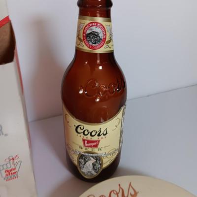 Vintage COORS lot - old 6 pack of glass bottles, ashtray, and bottle openers