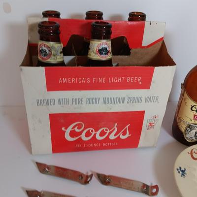 Vintage COORS lot - old 6 pack of glass bottles, ashtray, and bottle openers