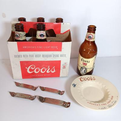 Vintage COORS lot - old 6 pack of glass bottles, ashtray, and bottle openers