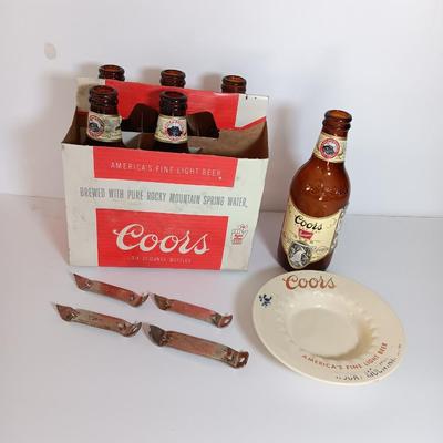 Vintage COORS lot - old 6 pack of glass bottles, ashtray, and bottle openers