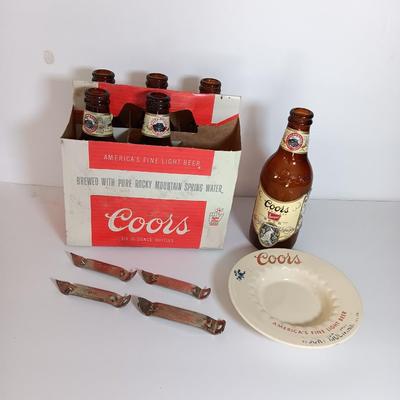 Vintage COORS lot - old 6 pack of glass bottles, ashtray, and bottle openers