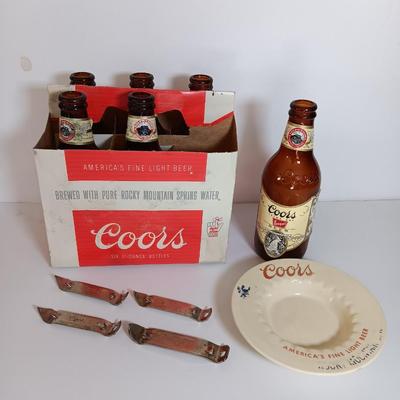Vintage COORS lot - old 6 pack of glass bottles, ashtray, and bottle openers