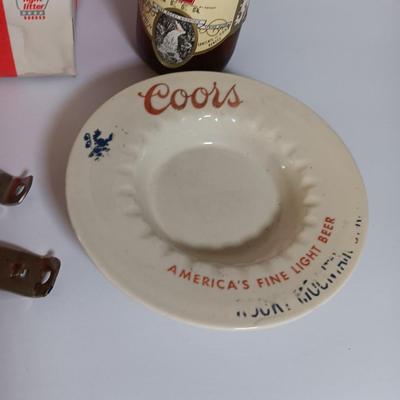 Vintage COORS lot - old 6 pack of glass bottles, ashtray, and bottle openers