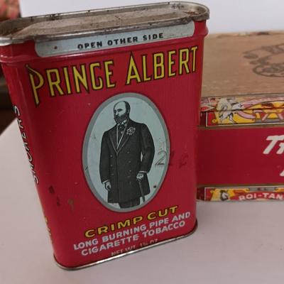 Prince Albert tin with smaller Price Albert tin and a vintage Cigar box