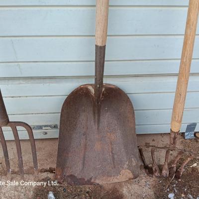 Yard and Garden farm tools - scoop shovel - potato fork - antique garden harrow