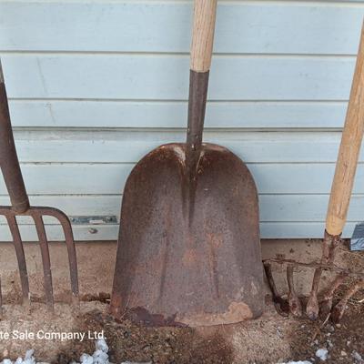 Yard and Garden farm tools - scoop shovel - potato fork - antique garden harrow