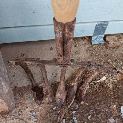 Yard and Garden farm tools - scoop shovel - potato fork - antique garden harrow