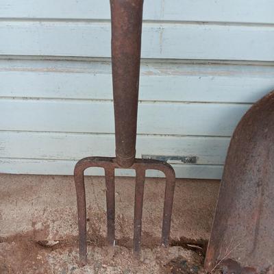 Yard and Garden farm tools - scoop shovel - potato fork - antique garden harrow