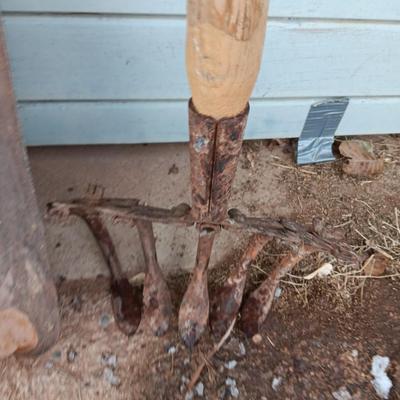 Yard and Garden farm tools - scoop shovel - potato fork - antique garden harrow