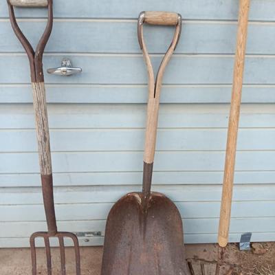 Yard and Garden farm tools - scoop shovel - potato fork - antique garden harrow