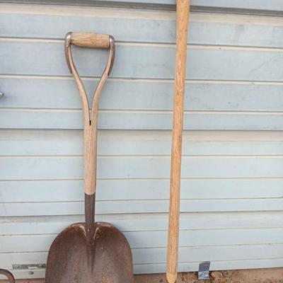 Yard and Garden farm tools - scoop shovel - potato fork - antique garden harrow
