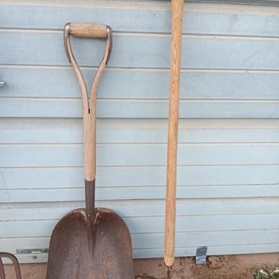 Yard and Garden farm tools - scoop shovel - potato fork - antique garden harrow