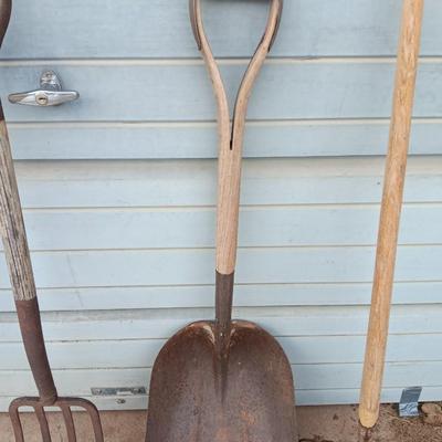 Yard and Garden farm tools - scoop shovel - potato fork - antique garden harrow